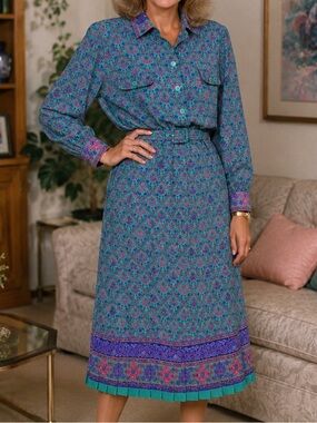 vintage 80s Schrader shirt dress features a patterned teal and purple 16 d2